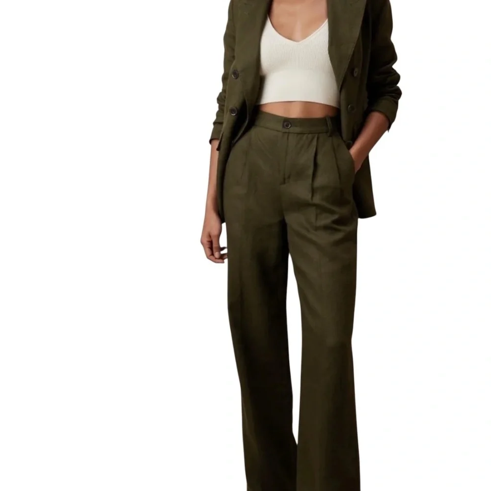 Banana Republic High Rise Palma Straight Leg Linen Pant Size 12 in Olive Green